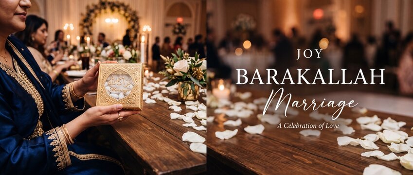 Islamic wedding gold favor box held by woman at elegant reception table with white rose petals celebrating traditional Muslim marriage ceremony joyful barakallah blessing and cultural festive event.