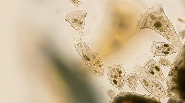 Microscopic View Paramecium and Vorticella Microorganism Ciliate Colony in Pond Water Biology Science
