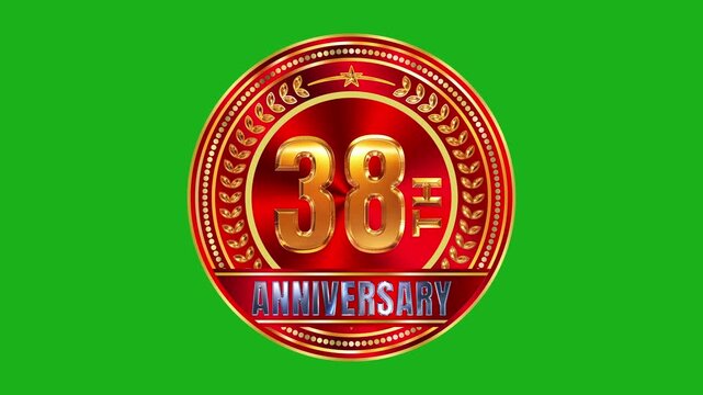 Shiny 38th anniversary gold badge over deep red metallic textured surface with brilliant ambient lighting 4k video