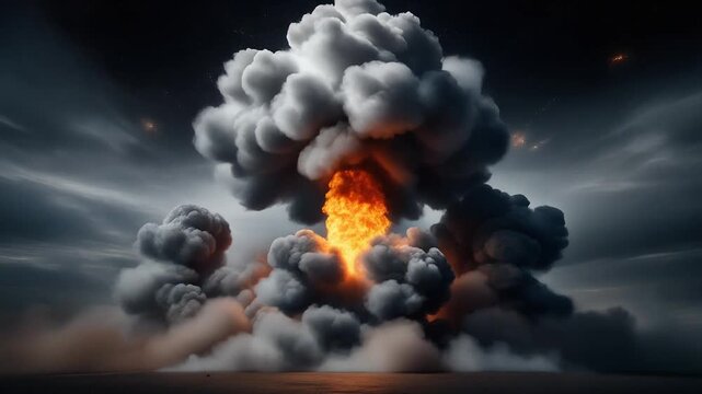 Cinematic Massive Mushroom Cloud Loop With Fiery Core Rising Smoke Rolling Outward And Dust Forming