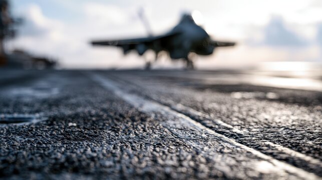 a fighter jet prepares for takeoff on an aircraft carrier deck with a blurry background