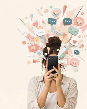 Conceptual collage of a woman looking at a smartphone surrounded by messages, hearts, envelopes and communication symbols, representing social media overload and digital distraction.