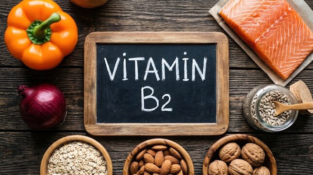 Essential foods containing vitamin B2 displayed with chalk text on rustic wooden table background