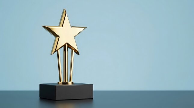 Shiny gold star award trophy standing on dark pedestal against light blue studio backdrop