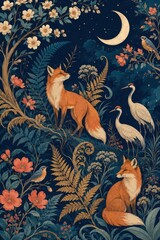 Fototapeta premium Enchanted foxes, cranes and moonlit floral forest illustration