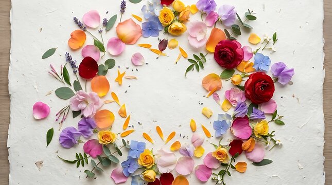 Flat lay composition of colorful flower petals and buds arranged in a circular frame on textured white paper