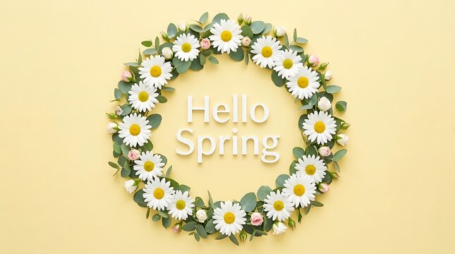 Floral wreath made of white daisy flowers and green eucalyptus leaves on a light yellow background with the text hello spring