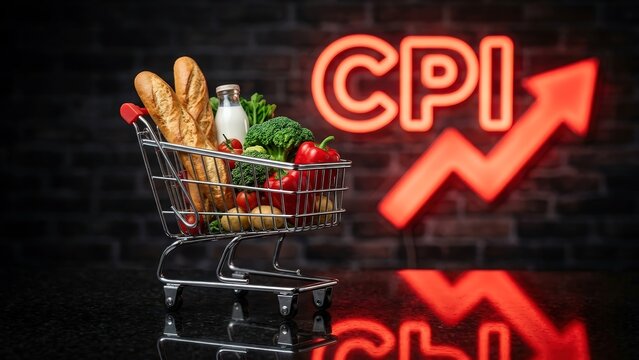 Small shopping cart filled with fresh grocery items against glowing inflation index neon sign