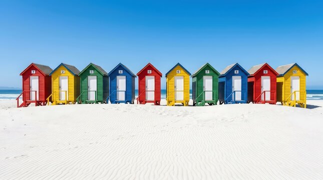 Vibrant multicolored beach huts lined up neatly along sunny white sand coastline under bright skies