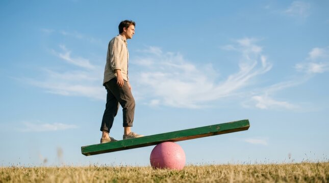 A man stands in precarious balance on a seesaw plank resting on a ball under a clear blue sky, symbolizing emotional uncertainty and instability often felt during a difficult divorce