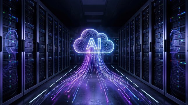 Glowing artificial intelligence cloud computing network hovering inside a massive futuristic server room