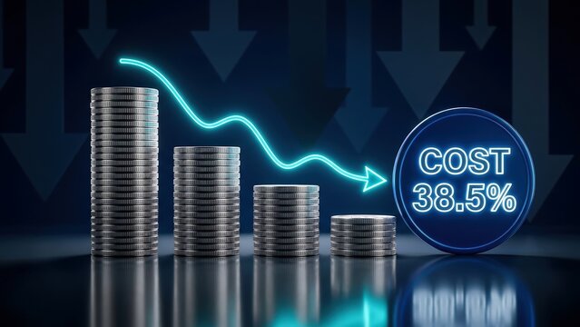 Decreasing coin stacks with glowing neon downward trend arrow representing financial cost reduction strategy