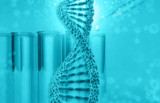 Glowing DNA strand above laboratory test tubes on blue medical background representing genetics, biotechnology and scientific healthcare research.