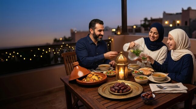 Muslim family enjoying iftar dinner together on rooftop during sunset in Ramadan