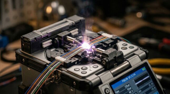 A close up view of a fiber optic fusion splicer in action, precisely joining colorful cables with a bright electric arc and glowing sparks in a workshop, underscoring the splicing