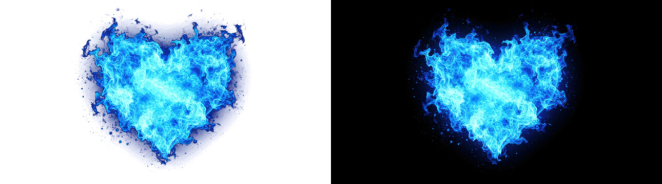 Png of blue fire heart shape burning with intense flames, magical glowing heart symbol isolated on transparent background and black background
