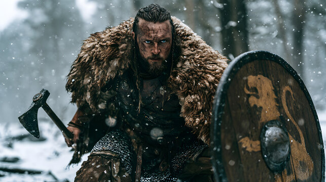 Bearded northern warrior with shield in snowy forest