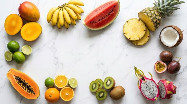 Assortment of vibrant tropical fruits arranged in a circular pattern on marble