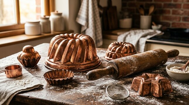 Vintage Copper Baking Molds, Rolling Pin, Flour, Kitchenware