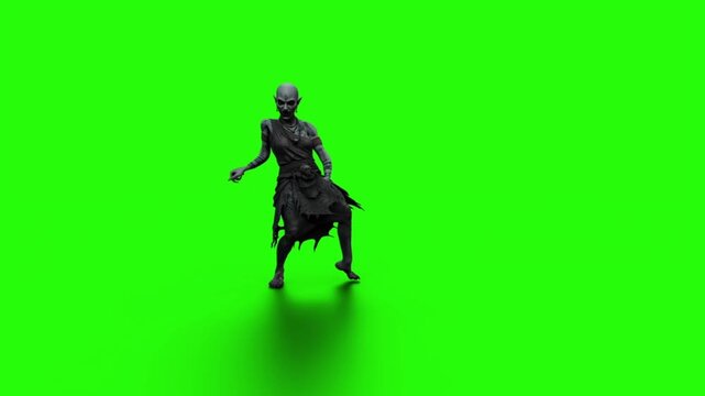 Scary zombie character walking on green screen background for horror