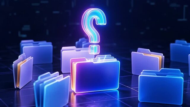 Glowing question mark hovering over a neon digital folder representing missing data or help directory