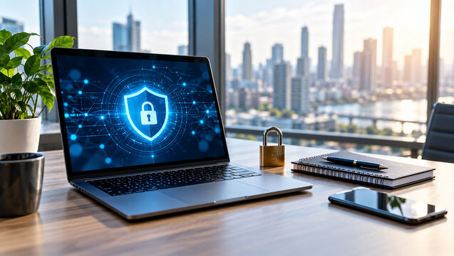 Cybersecurity and Data Protection Concept on Laptop in Modern Office