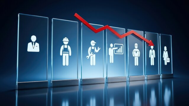 Business graph with descending red arrow showing employment crisis and workforce reduction concept
