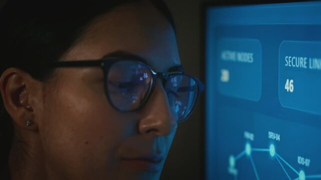 Young adult Caucasian woman analyzing network data on cybersecurity monitor, extreme close up. Suitable for cybersecurity campaigns, software promotions, and corporate data defense presentations