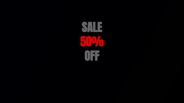 Minimalist Sale 50 Percent Off Animated Text Motion Graphic, Red and White Discount Banner on Black Background, Commercial Promo Asset