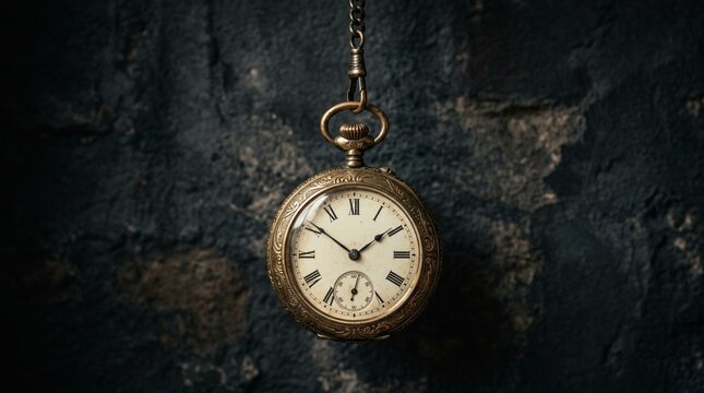 Vintage pocket watch hanging on chain against dark stone wall background