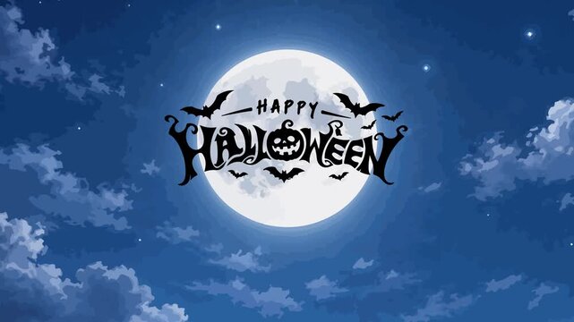 Halloween night scene animation with flying witch silhouette on broom, full moon, and Happy Halloween title text.