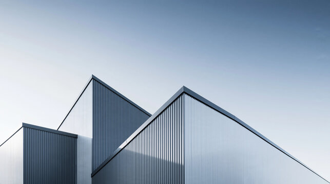 Geometric industrial warehouse rooftop architecture featuring clean metallic corrugated steel panels against clear blue sky