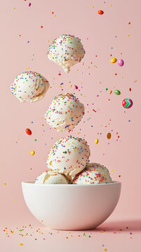 Vanilla Ice Cream Scoops with Sprinkles in White Bowl