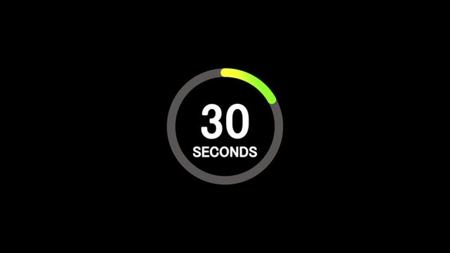 30 second timer icon animation. 30 seconds circular timer countdown on black background,