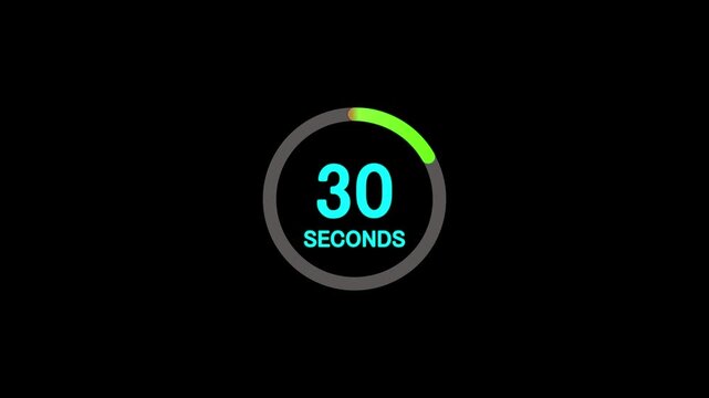 30 second timer icon animation. 30 seconds circular timer countdown on black background,