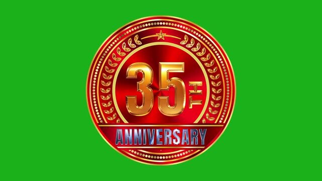 Majestic 35th anniversary gold medal badge with radiant red metallic texture and brilliant glowing edges in 4k video