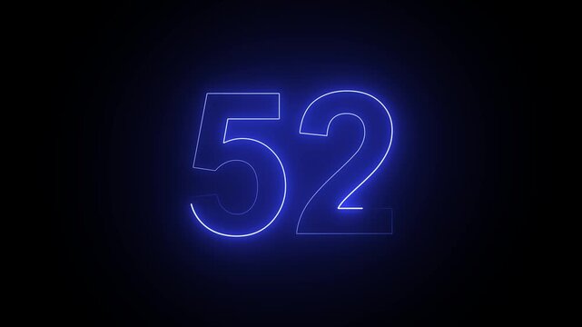 Glowing blue neon number 52 animation isolated on a black background