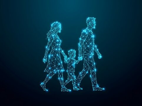 Digital plexus family walking and holding hands on dark background