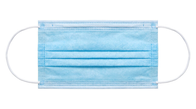Blue disposable surgical face mask with earloops for virus protection, 3-ply non woven medical mask for hygiene and pollution safety, isolated transparent background cutout PNG element