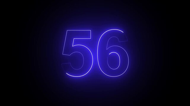 Glowing blue neon number fifty six isolated on a dark black background