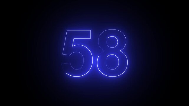 Glowing blue neon number 58 isolated on a dark black background