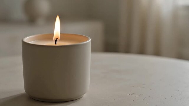 Tranquil Glow: A solitary lit candle with a gentle flame emanates a warm, comforting glow, casting a serene ambiance on a smooth surface. Its soft light evokes peace and contemplation.