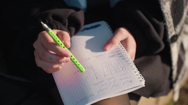 Close up view of hands holding green pen over graph paper notebook with handwritten notes and diagrams suggesting focused study or work. scene is softly lit by natural light creating warm