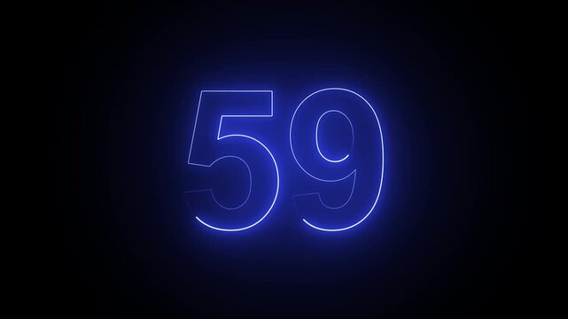 Glowing blue neon number 59 animation isolated on a black background