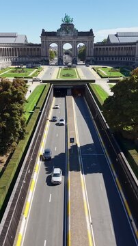 Parc Du Cinquantenaire In Brussels Capital Of Belgium. Nature Park Landscape. Downtown District. Beautiful Cityscape. Parc Du Cinquantenaire In Brussels In Capital Of Belgium. Triumphal Arch Monument.