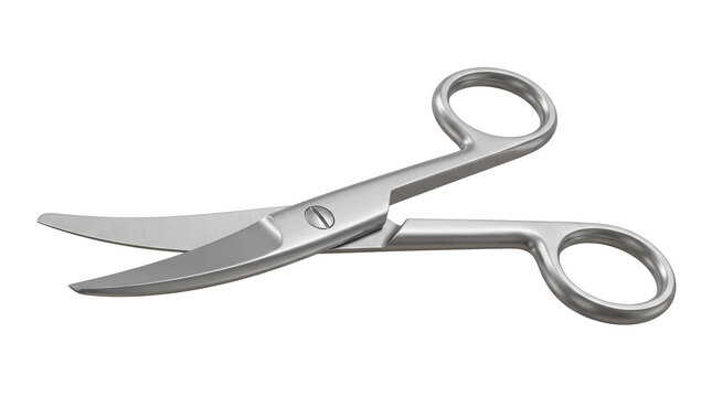 Stainless steel curved surgical scissors for medical procedure and tissue dissection, metal operating shear tool for clinical hospital surgery, isolated transparent background cutout PNG