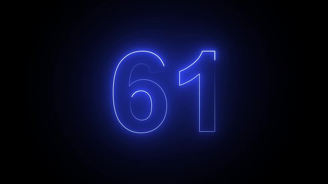 Glowing blue neon number sixty one isolated on a dark black background