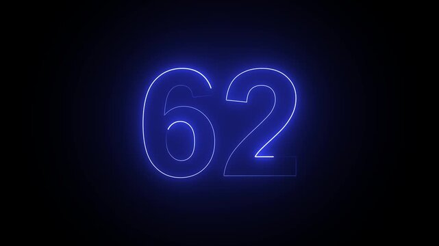 Glowing blue neon number 62 isolated on a dark black background