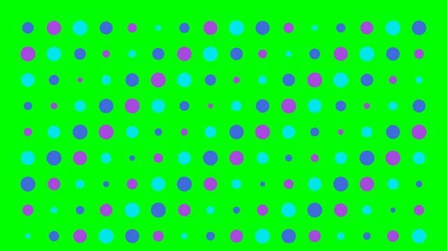 Vibrant geometric circle pattern on chroma key green background, abstract purple and blue polka dot grid, retro digital motion graphics element