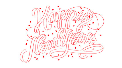 Red Happy New Year hand lettering in outlined calligraphy with swirling flourishes and scattered confetti dots on a white background, vector line art typography for New Year greeting cards and posters © Chadhar Sab